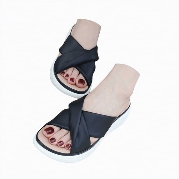 KPOPLK Women's Flat Sandals Fashion Slides With Soft Leather Slippers for Summer(Black7.5)