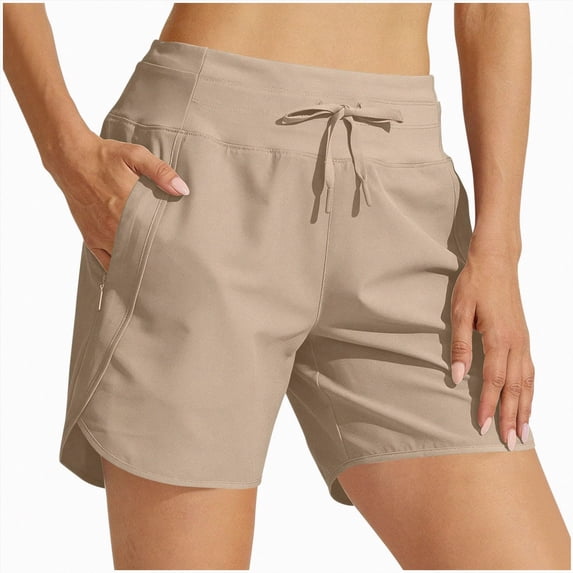 KPOPLK Women's Running Shorts Elastic High Waisted with Pockets 7" Sporty Workout Quick Dry Athletic Shorts Size M,Khaki