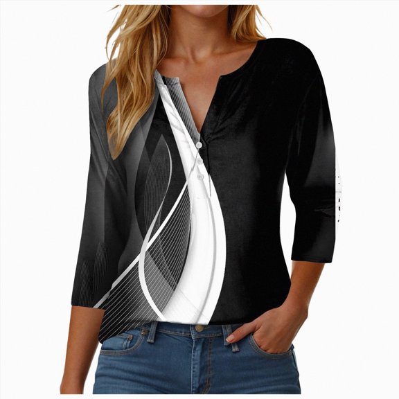 KPOPLK Women's Shirts Lightweight Summer Fall Fashion 3/4 Length Sleeve T Shirts Casual Tops Basic Blouses(L,b219-Black)