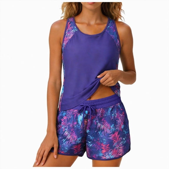 KPOPLK Women's Tankini Top Set Two Piece Swimsuit Ruched Drawstring Bathing Suits with High Waisted Bottom Rib Size XXL,Purple