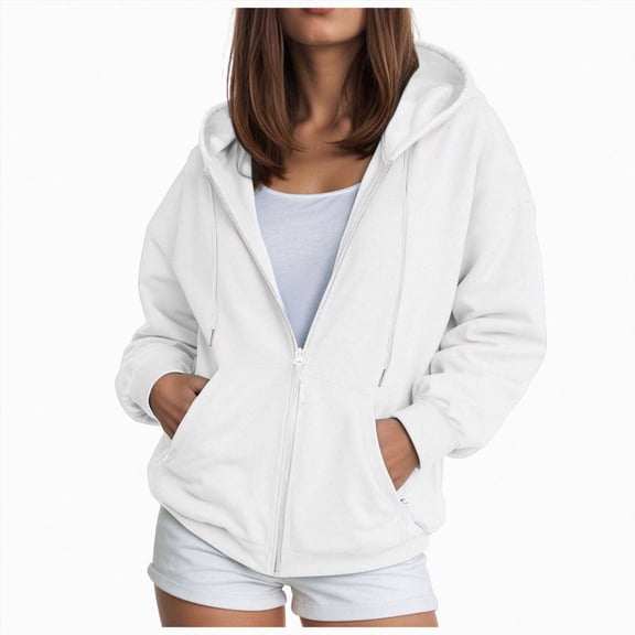 KPOPLK Women’s Zip Up Hoodie Solid Color Relaxed Fit Hooded Sweatshirt with Front Pockets for Casual Everyday Layering(XXL,White)