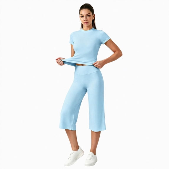 KPOPLK Womens 2 Piece Workout for Summer Fall Athletic Gym Pilates Yoga Slim Fit Short Sleeve Tee Shirt and Pant Outfit Set Sky Blue,Size S