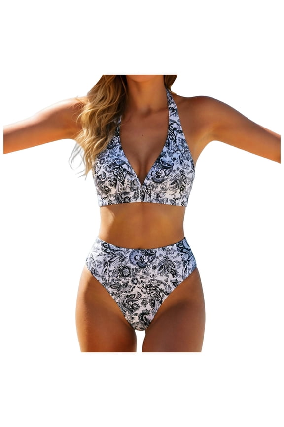 Womens 2Pcs Paisley Print Bikini Set Halter Neck High Waisted Tummy Control Bathing Suit Summer Swimwear for Women Size M,Black