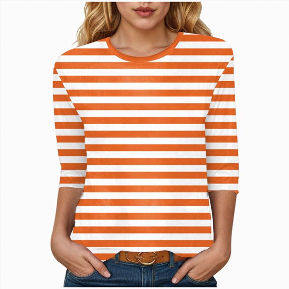 KPOPLK Womens 3/4 Length Sleeve Tops V Neck Dressy Casual T Shirts Pleated Business Work Blouses Basic Tees(S,b107-Orange)