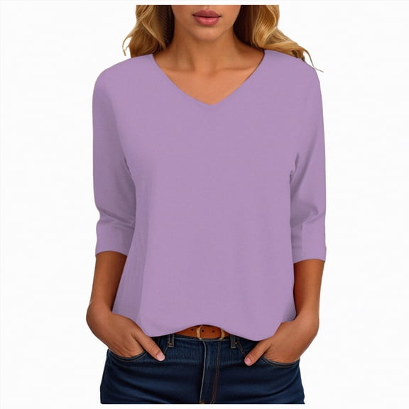 KPOPLK Womens 3/4 Sleeve Tops with Buttons V-Neck Summer Outfits Casual Blouses Shirts Beach Vacation Fall Clothes(L,b195-Light Purple)