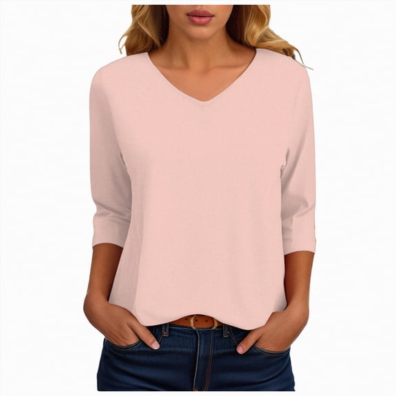KPOPLK Womens 3/4 Sleeve Tops with Buttons V-Neck Summer Outfits Casual Blouses Shirts Beach Vacation Fall Clothes(XXL,b197-Light Pink)