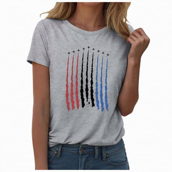 KPOPLK Womens American Flag Shirt USA Patriotic Crew Neck T-Shirt 4th of July Short Sleeve Tee(Grey,M)