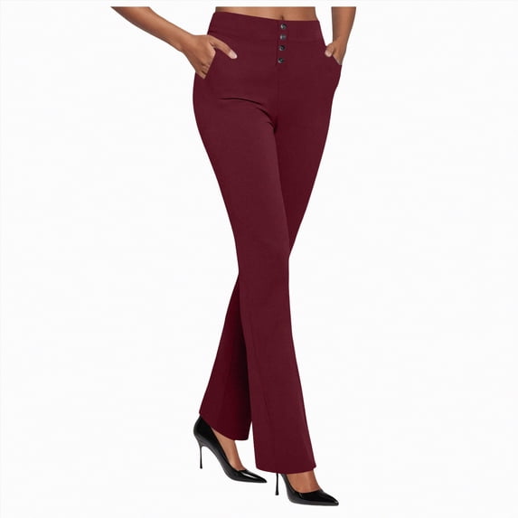 KPOPLK Womens Dress Pants for Work Business Casual Pants Stretch Pull On Ladies Slacks With Pockets, formal Elastic High Waist Yoga Pants Plus Size Palazzo Trousers Work Pants Women Clothes(Wine,XXL)