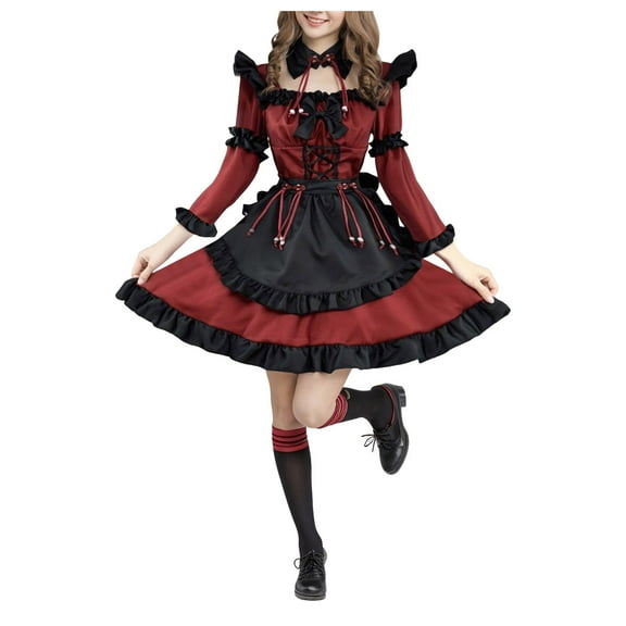 KPOPLK Womens Gothic Fairy Dresses Velvet Off Shoulder Halter Vintage Dress Harajuku Lace Long Sleeve Lolita Dress(XXL,i4-Wine)