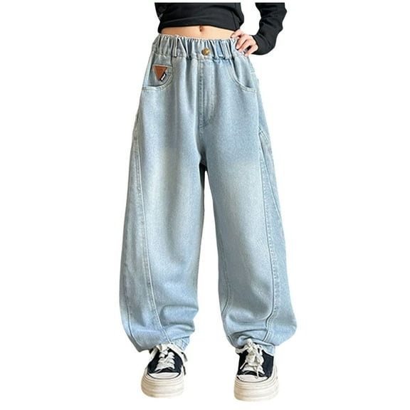 KPOPLK Womens High Waisted Jeans Straight Chic Wide Leg Bling Black Denim Pants Teen Girls Loose Fit Pearl Jeans(4-5 Years,Light Blue)