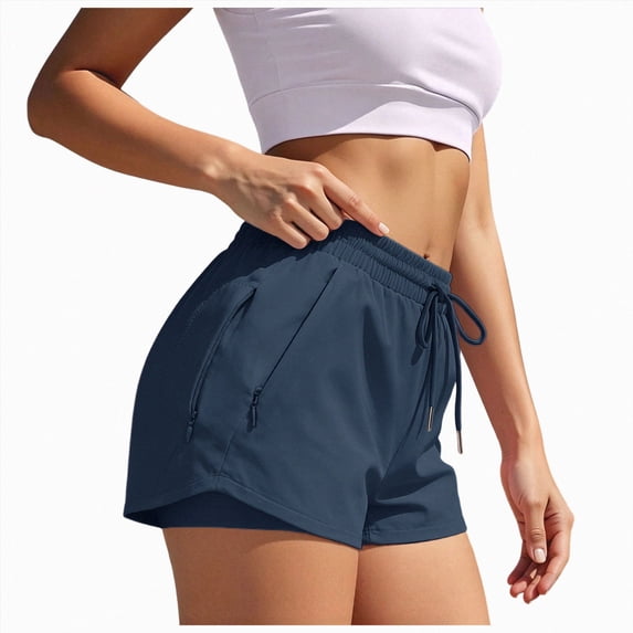 KPOPLK Womens High Waisted Running Shorts Quick Dry Athletic Workout Shorts with Mesh Liner Zipper Pockets Size L,Navy