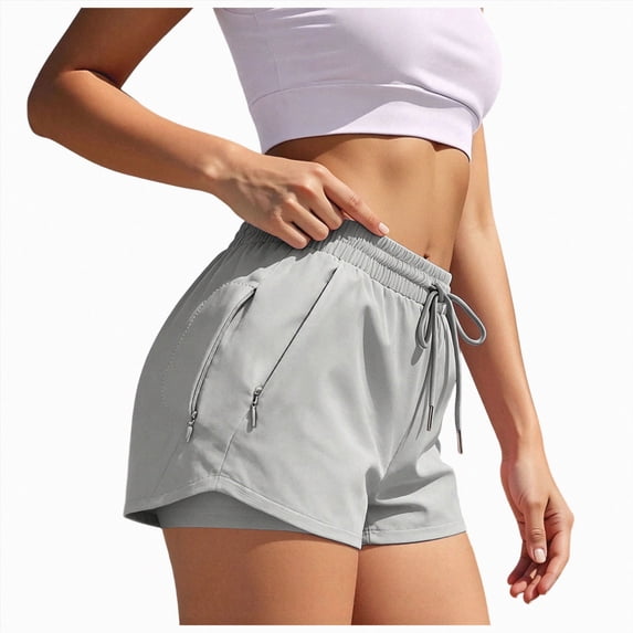 KPOPLK Womens High Waisted Running Shorts Quick Dry Athletic Workout Shorts with Mesh Liner Zipper Pockets Size XXL,Light Gray