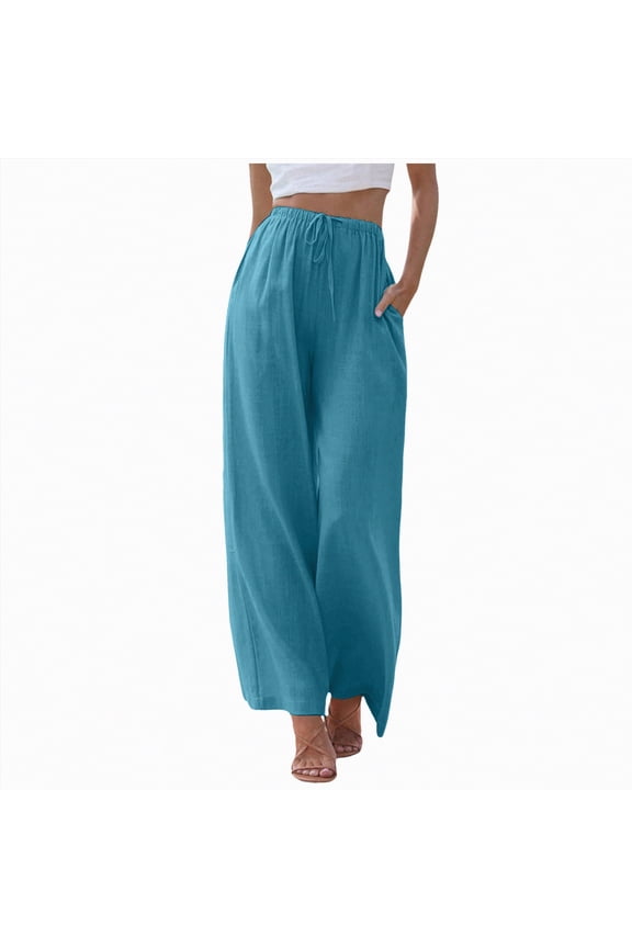 Womens Summer Capri Linen Cotton Pants Petite Casual Cotton Linen High Waist Drawstring Cinch Bottom Loose Trouser L,Sky Blue