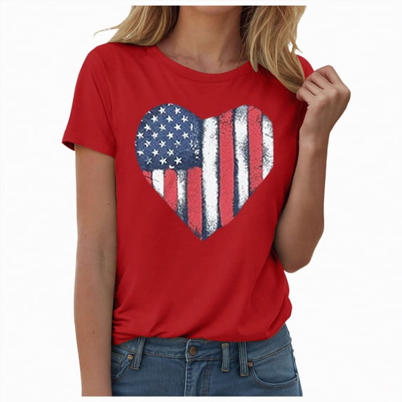 KPOPLK Womens USA Oversized T-Shirts Summer Round Neck Short Sleeve Shirts Cute Print Graphic Tees(Red,M)