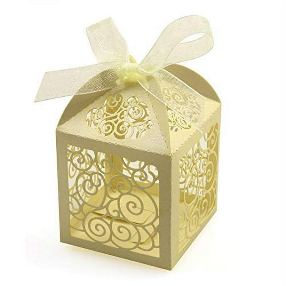 KPOSIYA 100 Pack Wedding Favor Boxes Laser Cut Boxes Party Favor Box Small Gift Boxes Lace Candy Boxes for Wedding Bridal Shower Baby Shower Birthday Party Anniverary with Ribbons (Beige, 100)