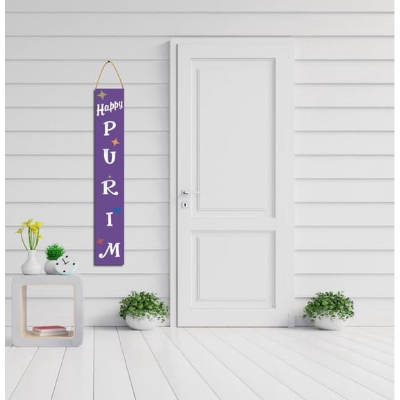 KPSheng Vertical Happy Purim Porch Sign Wooden Welcome Sign Jewish Carnival Hamantaschen Gragger Festival Holiday Front Door Sign Wall Hanging Party Decoration 8x48 Inch