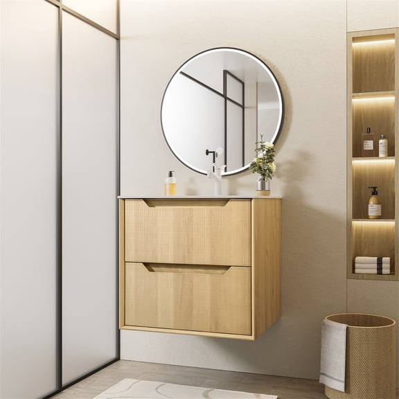 KPUY 24" Floating Bathroom Vanity Cabinet with Sink with 2 Drawers, White Stone Top, Wall-Mount Design, Natural Wood Color