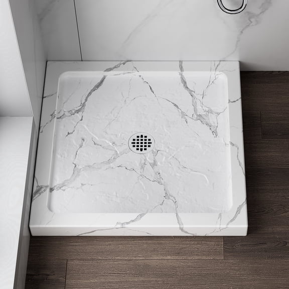 KPUY 32" x 32" Shower Base, Center Drain Shower Pan with Removable Flange, Reversible Installation Drain Kit, Carrara White