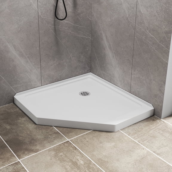KPUY 36" x 36" White Acrylic Neo-Angle Shower Base, Corner Anti-Slip Texture and Center Drain Shower Pan