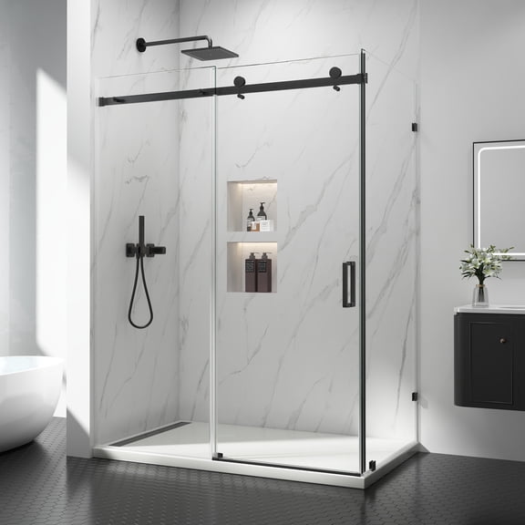KPUY 43 - 48 in. W x 36 in. D x 76 in. H Frameless Corner Sliding Shower Door L-Shape Enclosure with 1/4" Tempered Glass, 5/16" Tempered Glass Side Panel, Matte Black