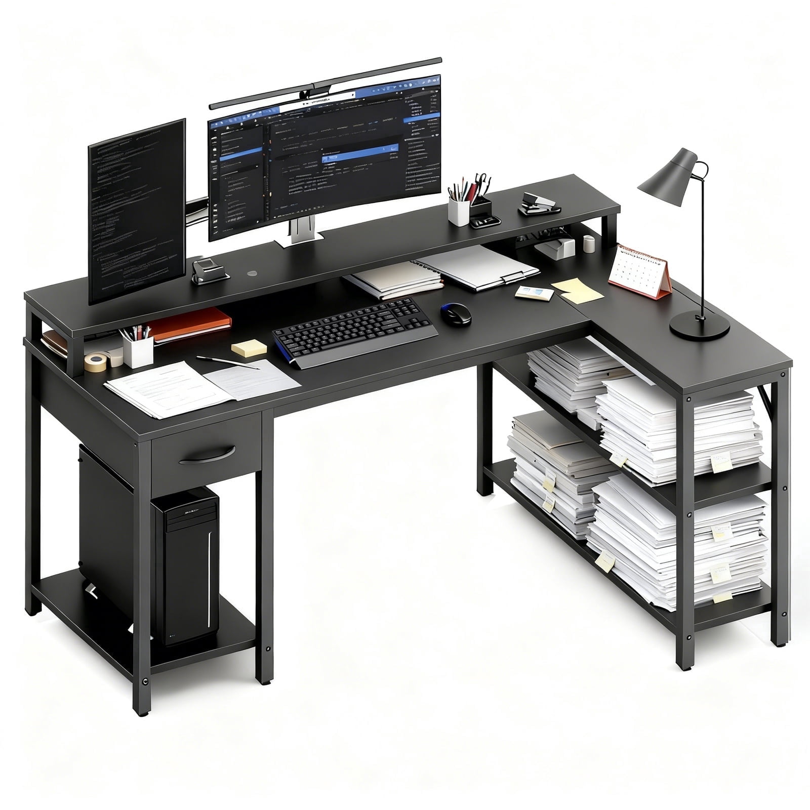 KPUY 47” Reversible L Shaped Gaming Desk with USB Charging Ports, LED Light and Monitor Stand, Corner Computer Table with Power Outlets, Storage Shelves, Black
