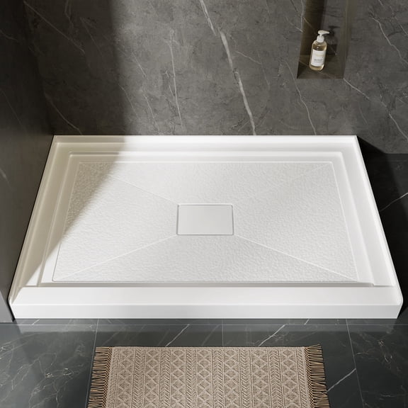 KPUY 48" x 32" Acrylic Shower Base with White Cover, Non-Slip Surface White Bathroom Shower Pan, Center Drain