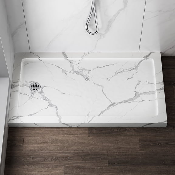 KPUY 48" x 36" Shower Base, Shower Pan with Removable Flange, Reversible Installation Drain Kit, Carrara White