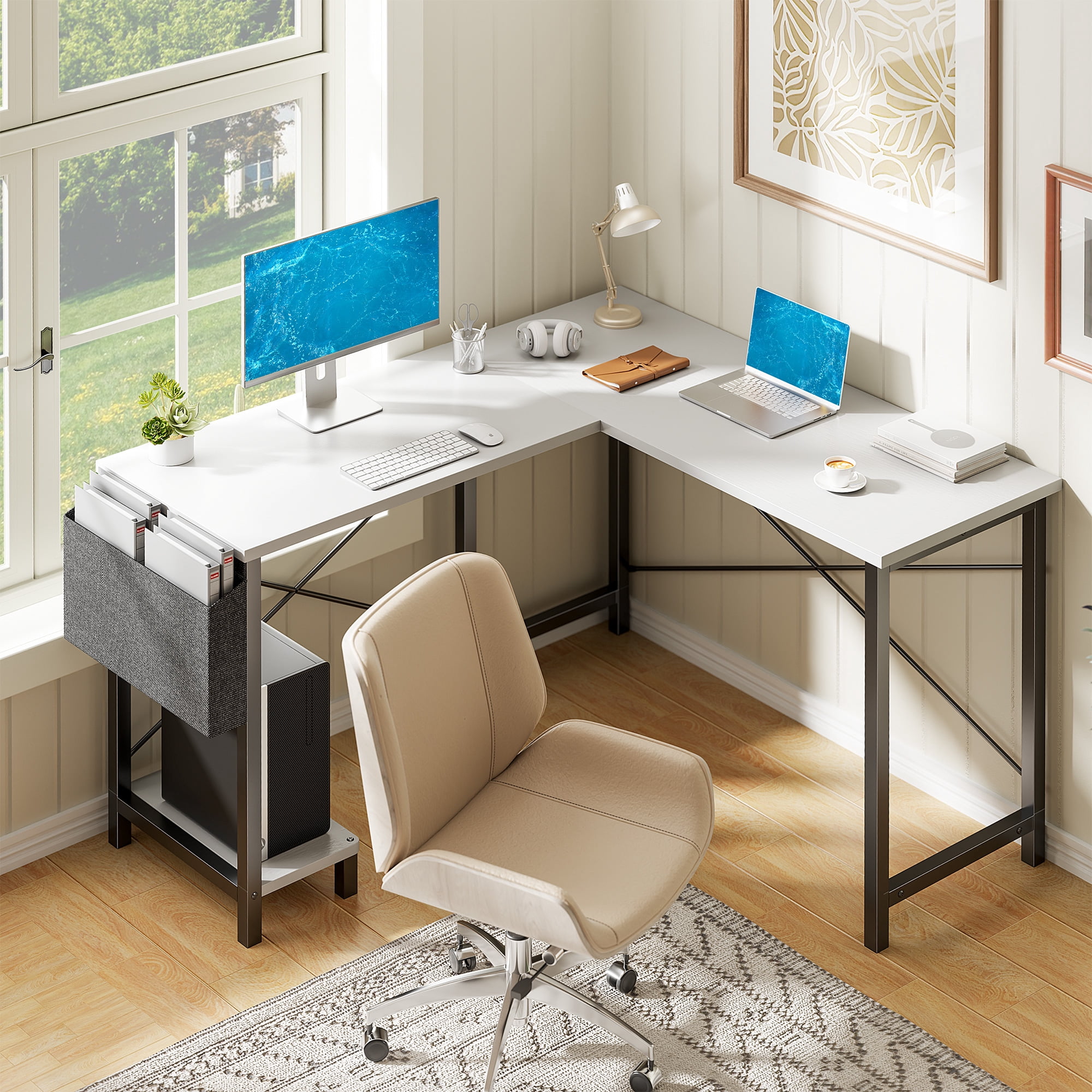 KPUY 49-Inch L Shaped Desk with CPU Stand Side Bag, Gaming Desk Home Office Desk for Home Office Dorm Sturdy Writing Workstation, White