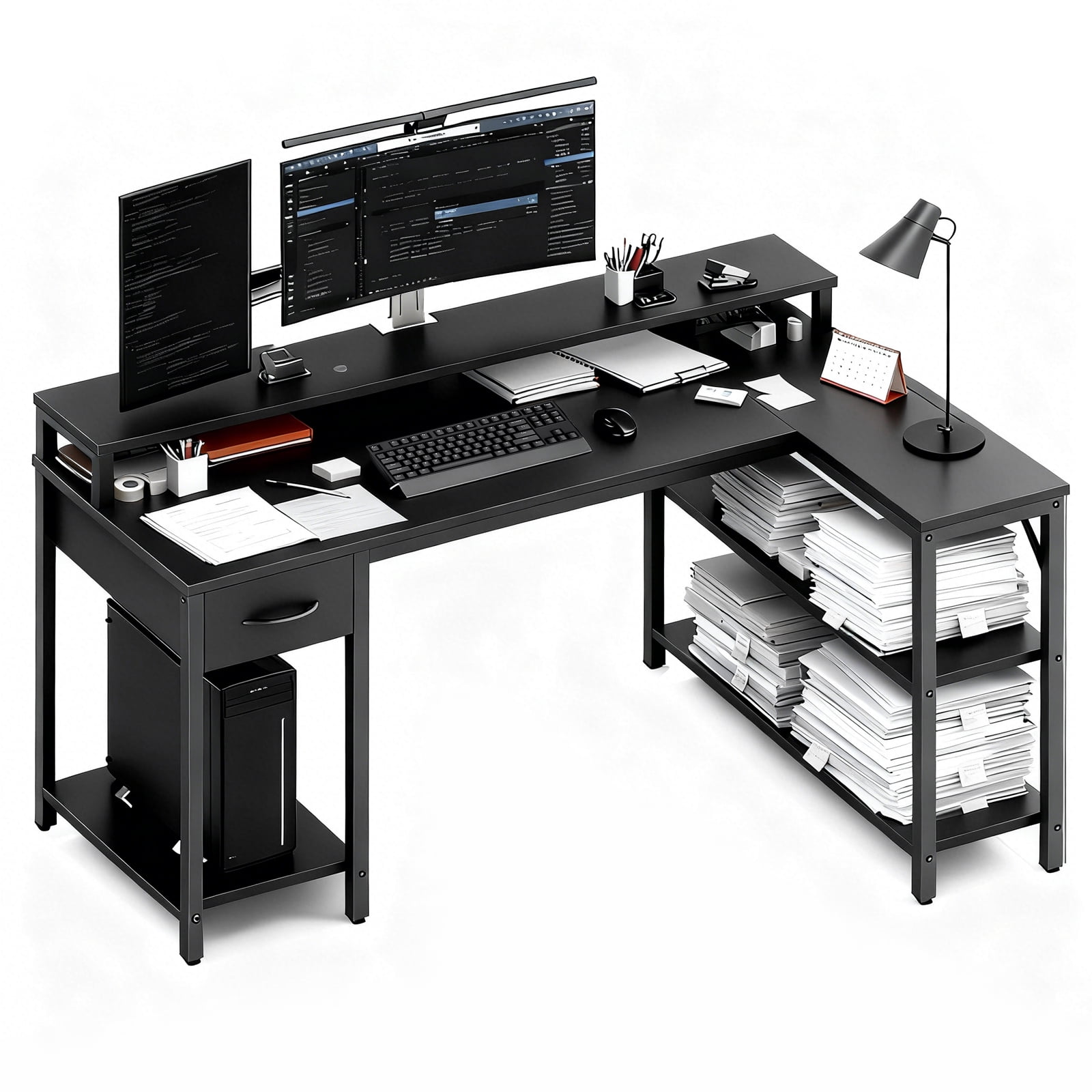 KPUY 53-Inch L Shaped Desk with USB Charging Port LED Light and Monitor Stand, Gaming Desk Home Office Desk for Home Office Dorm Sturdy Writing Workstation, Black