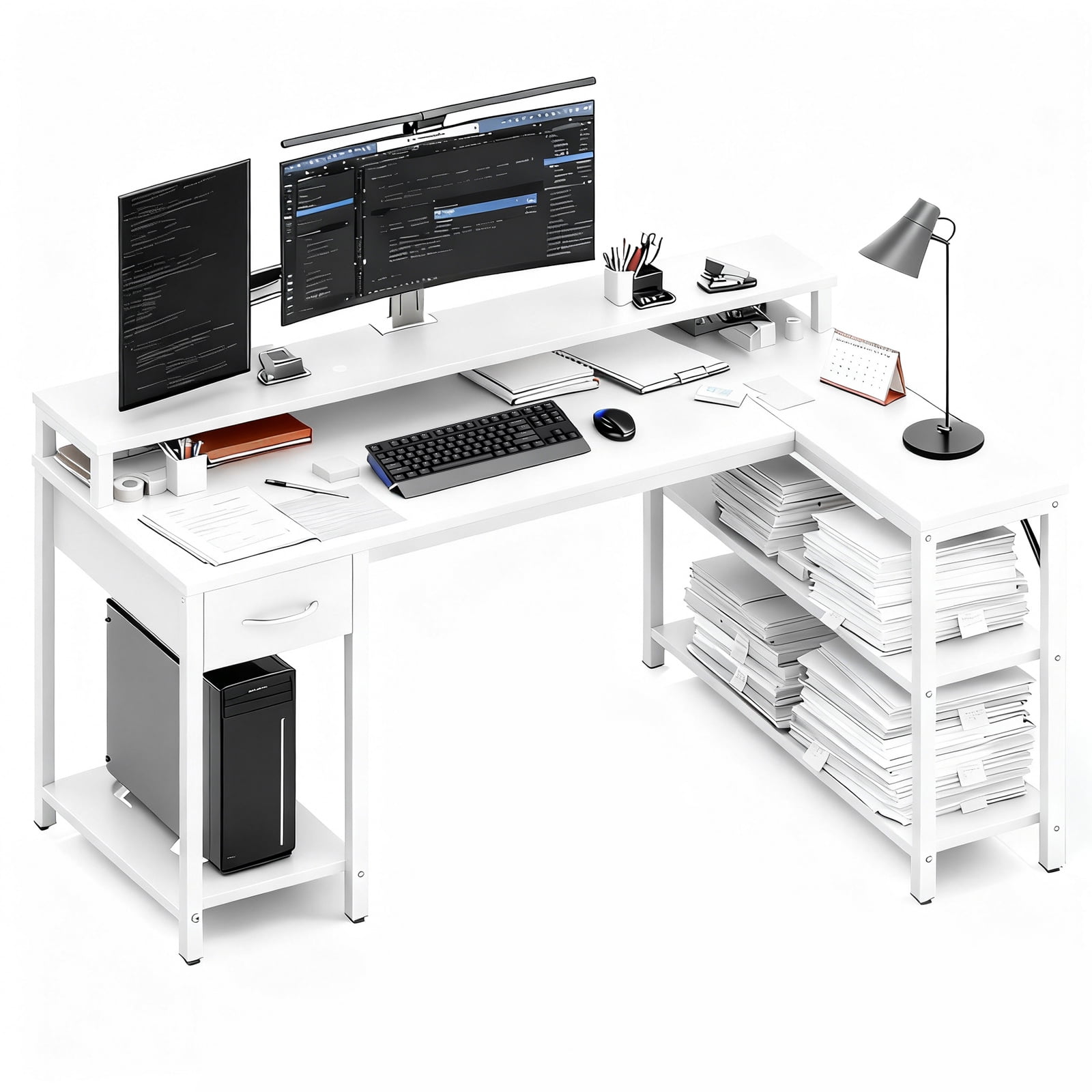 KPUY 53-Inch L Shaped Desk with USB Charging Port LED Light and Monitor Stand, Gaming Desk Home Office Desk for Home Office Dorm Sturdy Writing Workstation, White