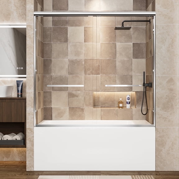 KPUY 56" - 60" x 57" Framed Double Sliding Bath Tub Shower Door with 1/4" Clear Tempered Glass, Explosion-proof Film, Dual Stainless Steel Handles, Chrome
