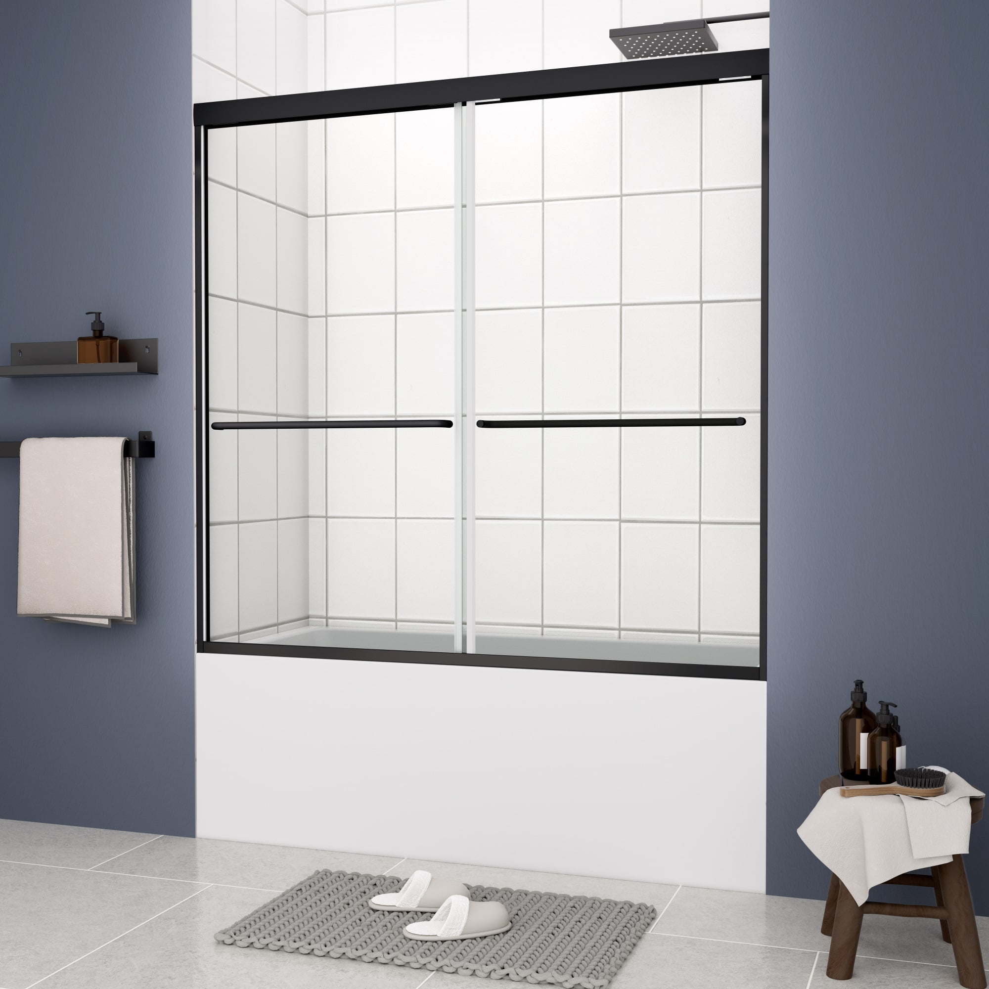Matte Black Framed Double Sliding Bathtub Shower Door with Clear Glass