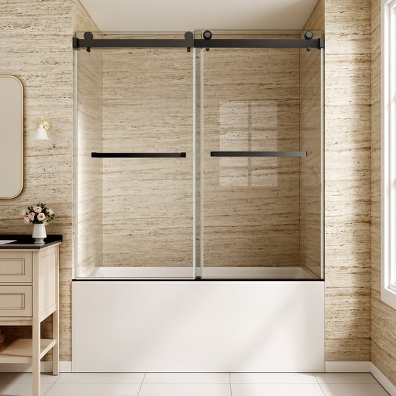 KPUY 56" - 60" x 60" Frameless Double Sliding Bath Tub Shower Door with 5/16" Tempered Glass, Explosion-proof Film, Double Stainless Steel Handle, Matte Black
