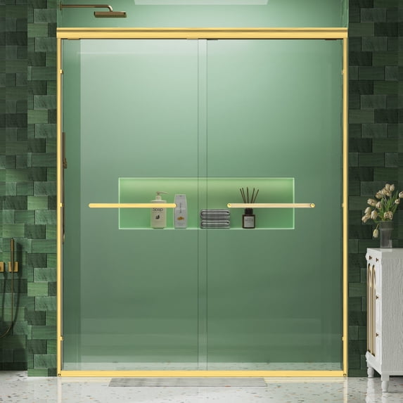 KPUY 56" - 60" x 72" Framed Double Sliding Shower Door with 1/4" Clear Tempered Glass, Explosion-Proof Film, Brushed Gold