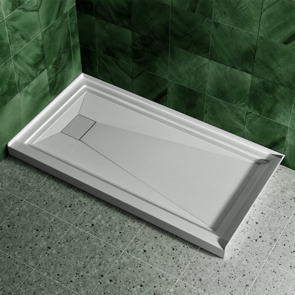 KPUY 60" x 32" Acrylic Shower Base with White Magnetic Cover, Non-Slip Surface White Bathroom Shower Pan, Left Drain