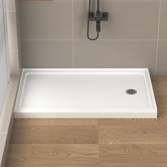 KPUY 60" x 32" Acrylic Single Threshold Shower Base Non-Slip White Bathroom Shower Pan with Right Drain, Drain Kit With 304 Stainless Steel Cover
