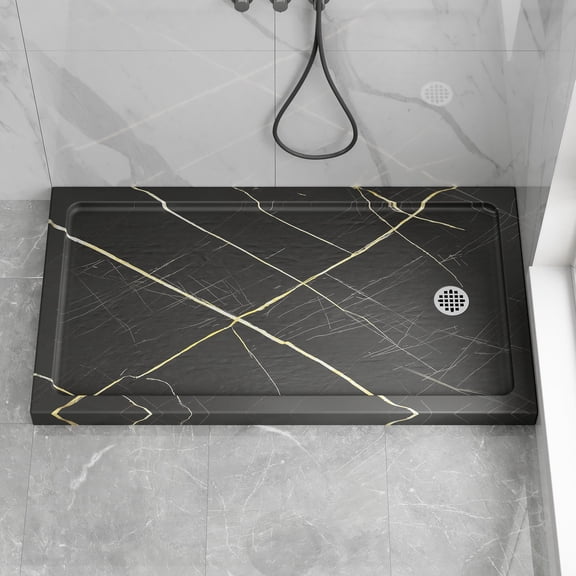 KPUY 60" x 36" Shower Base, Shower Pan with Removable Flanges, Reversible Installation Drain Kit, Black with Gold Veins