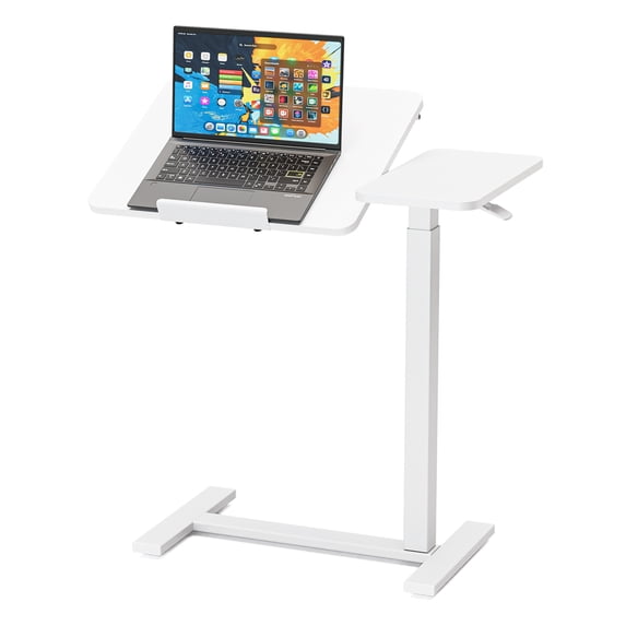 KPUY Adjustable Overbed Table with Hidden Wheels, Tilt Top, White