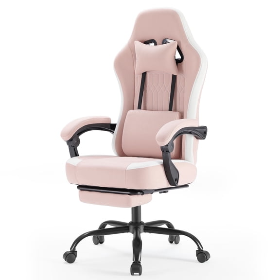 KPUY Computer Gaming Chair - High Back Ergonomic Desk Chair with Footrest and Lumbar Support, Height Adjustable Task Chair Recliner with Linkage Armrests and Headrest, 360° Swivel Wheels, Pink