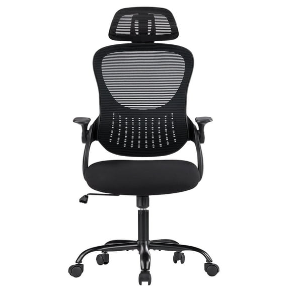 KPUY Office Computer Chair with Ergonomic Design, Tall Backrest with Lumbar Support and Headrest, Flip up Arms for Bedroom, Study, Student, Black