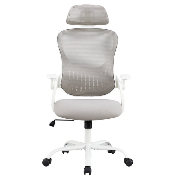 KPUY Office Computer Chair with Ergonomic Design, Tall Backrest with Lumbar Support and Headrest, Flip up Arms for Bedroom, Study, Student, Gray
