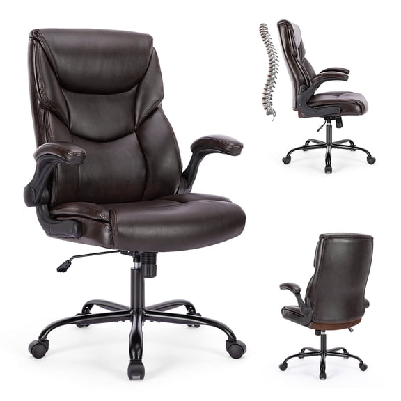 KPUY Ergonomic PU Leather Office Computer Chair, High Back Swivel Task Chair with Lumbar Support, Flip up Arms, Metal Base, Dark Brown