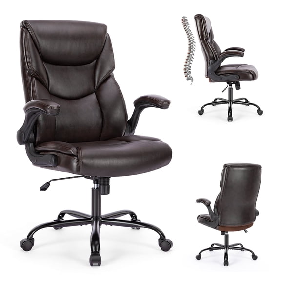KPUY Ergonomic PU Leather Office Computer Chair, High Back Swivel Task Chair with Lumbar Support, Flip up Arms, Metal Base, Dark Brown
