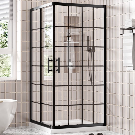 KPUY Shower Enclosure 36" x 36" W x 72" H Double Sliding Corner Shower Door Shower Stall with 1/4" Grid Printed Tempered Clear Glass, Matte Black