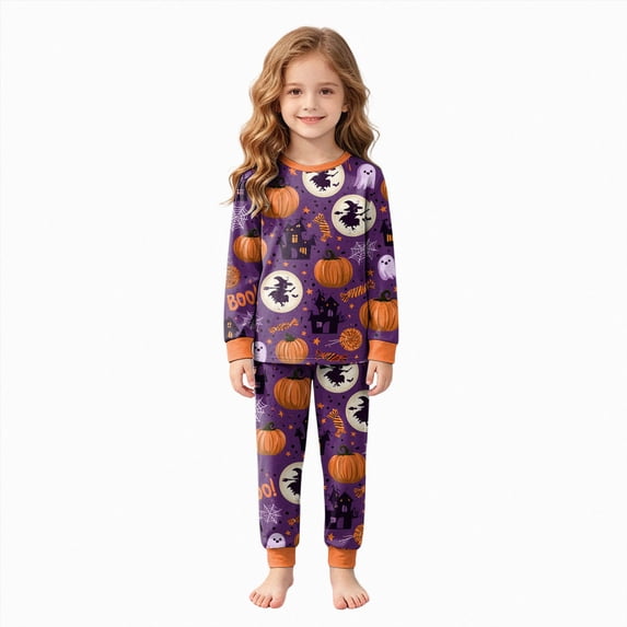 KPVEVIQ Girls Boys Halloween Pajamas Set Sleepwear Pumpkin Pjs Toddler Ghost Graphic Long Sleeve Jammies Kids Sleepwear,6-7 Y