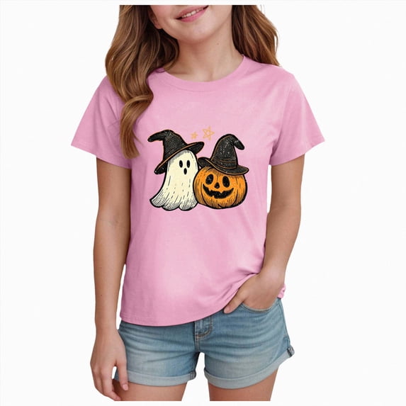 KPVEVIQ Halloween Shirts for Kid Girls Boys Cute Pumpkin Ghost Graphic T-Shirt Spooky Season Tees Short Sleeve Top Fall Outfit