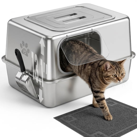 KPWACD Stainless Steel Cat Litter Box Extra Large Metal Litter Pan High Sided 23.8" X 15.9" X 13.1"