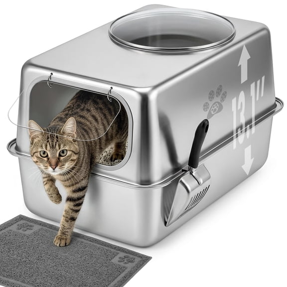 KPWACD Stainless Steel Cat Litter Box with Lid Metal Litter Pan Extra Large 23.8" X 15.9" X 13.4"