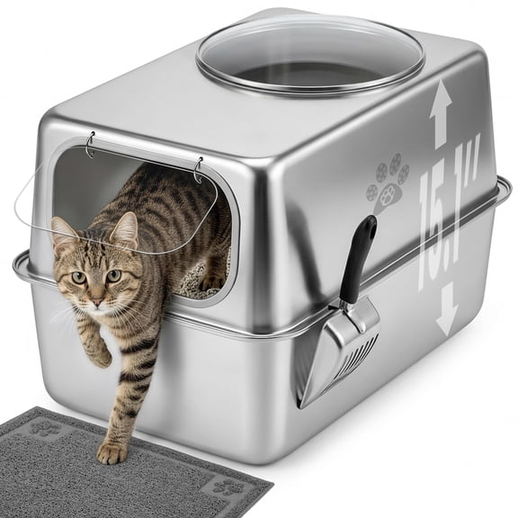KPWACD Stainless Steel Cat Litter Box with Lid Metal Litter Pan Extra Large 23.8" X 15.9" X 15.1"