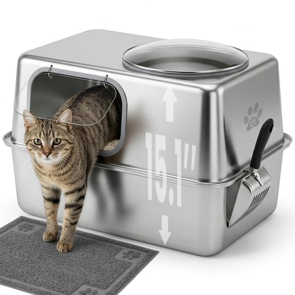 KPWACD Stainless Steel Cat Litter Box with Lid Metal Litter Pan Extra Large 23.8" X 15.9" X 15.1"
